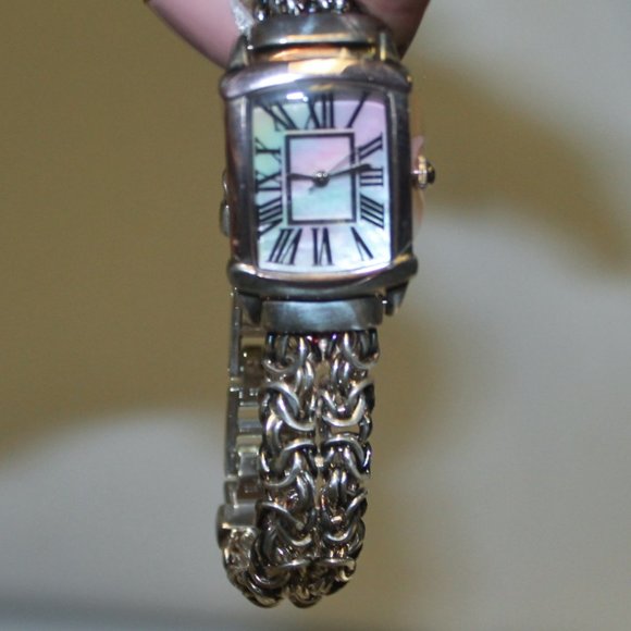 New 950 Fine Sterling Rainbow Silver MOP Face Tank Bracelet Watch 61 Grams! main image 8